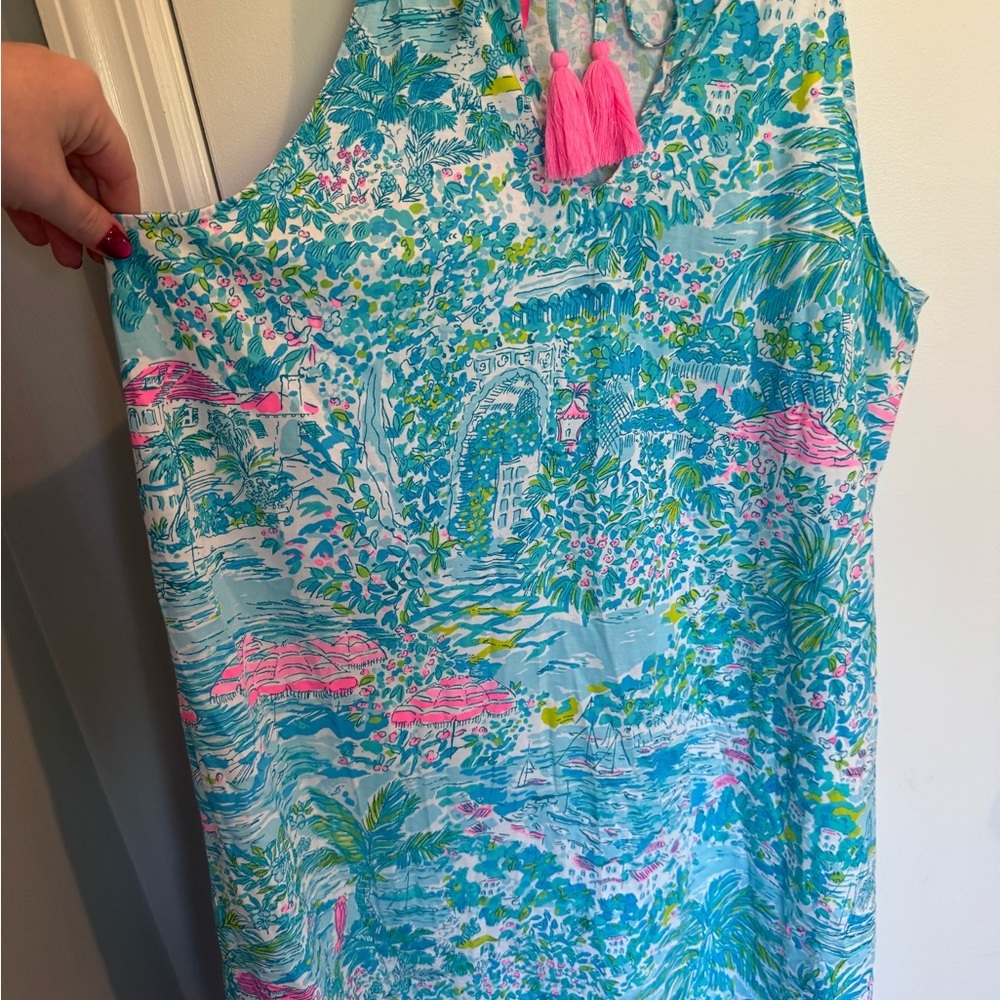 Lilly Pulitzer Blue and Pink Tassel Dress, 100% Pima Cotton - Picture 2 of 7